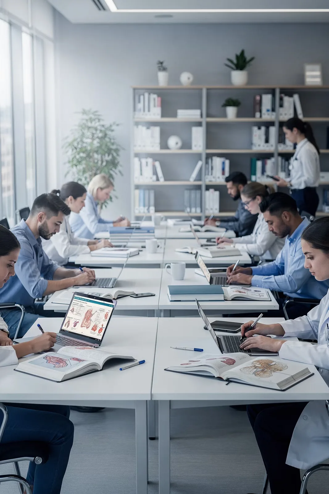 Medical students studying with textbooks and laptops in a bright academic library