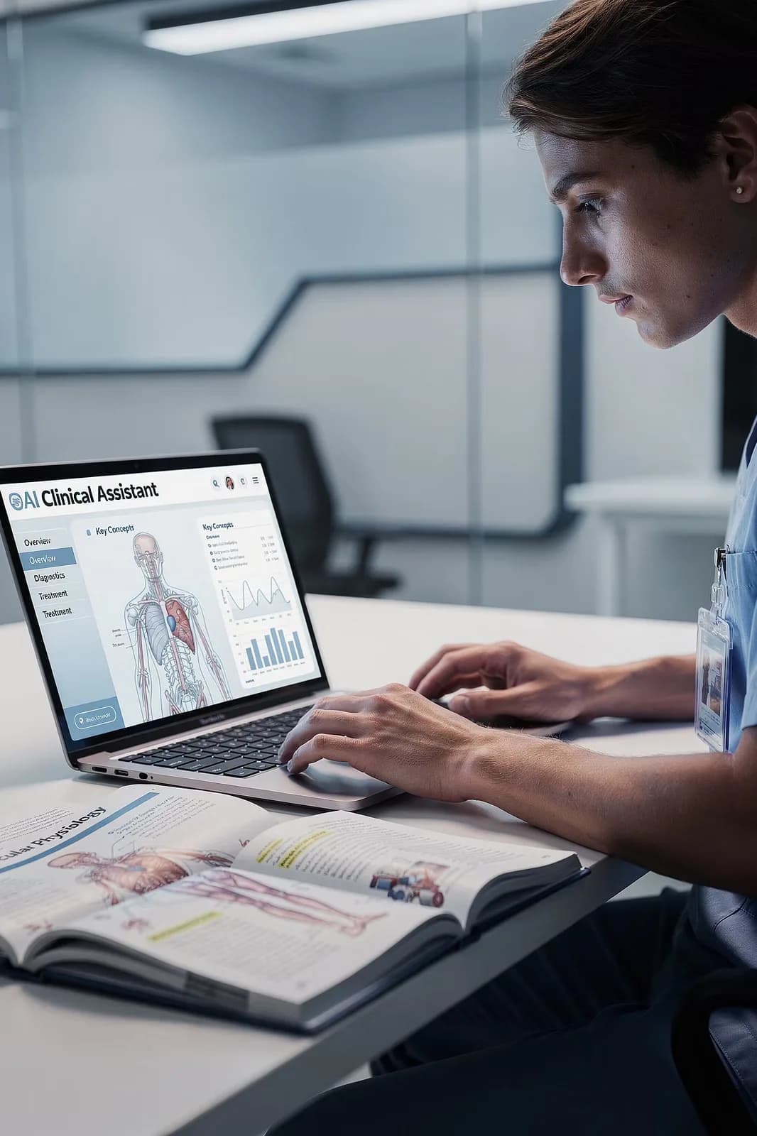 Student studying medical concepts with recorded lectures and notes