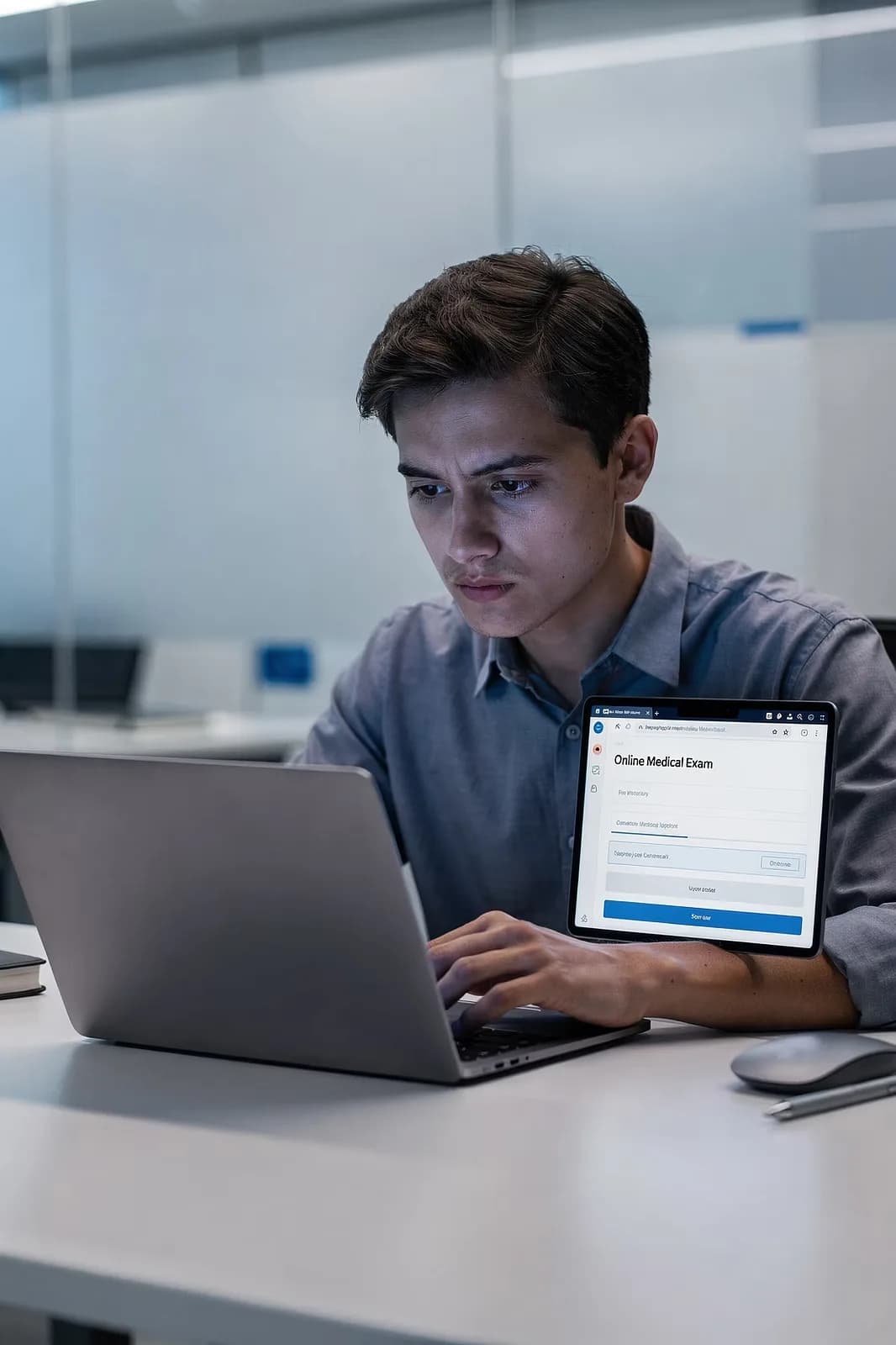 Student taking an online medical exam on a laptop and tablet