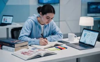 Student building concepts with textbooks, notes, and laptop